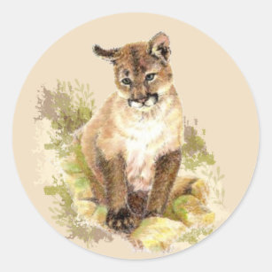 Cute Cougar Mountain Lion Cat Kitten Watercolor Classic Round Sticker