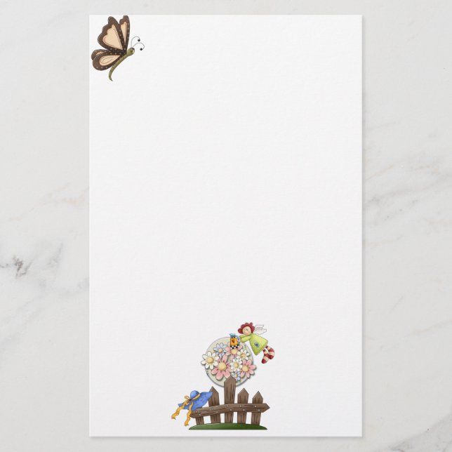 Cute Country Angel Watering Flowers Stationery (Front)
