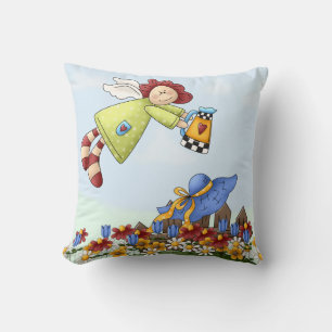 Cute Country Angel Watering Flowers Throw Pillow