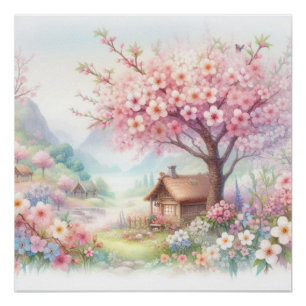 Cute country cabin in floral scenery watercolor   poster