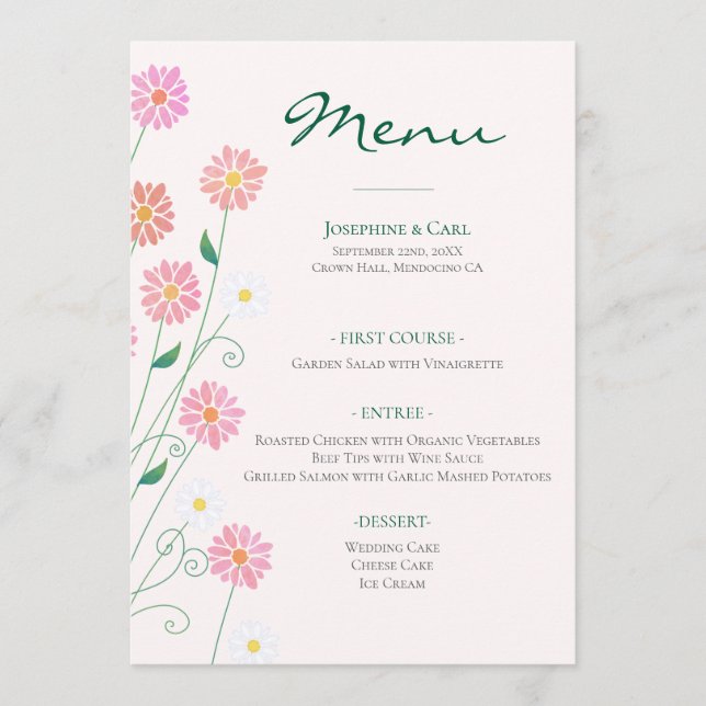 Cute Country Daisy Spring Pinks Menu (Front)
