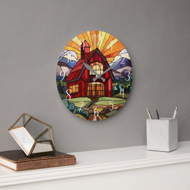 cute Country farm faux stained glass  Large Clock (Office)