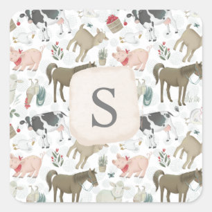 Cute Country Farmhouse Monogram Animals Square Sticker