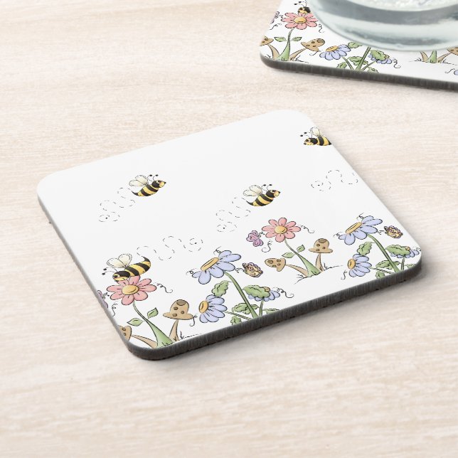 Cute Country Folk Flowers Mushrooms and Butterfles Coaster (Left Side)