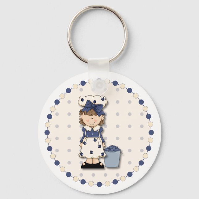 Cute country girl + bucket filled with blueberries keychain (Front)