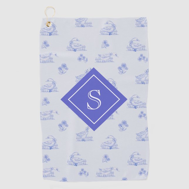 Cute Country Goose Toile Pattern Monogram Golf Towel (Front)
