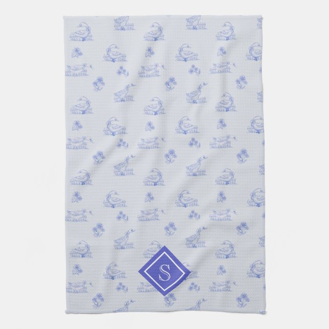 Cute Country Goose Toile Pattern Monogram Kitchen Towel (Vertical)