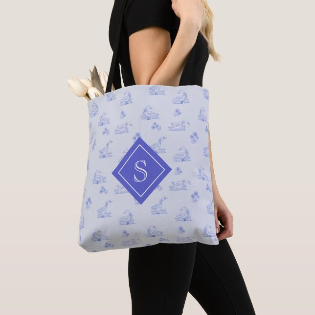 Cute Country Goose Toile Pattern Monogram Tote Bag (Close Up)