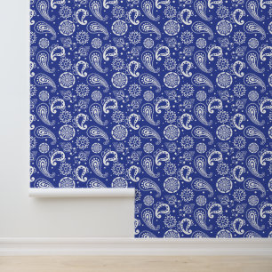 Cute Country Paisley pattern blue white tiled  Wallpaper