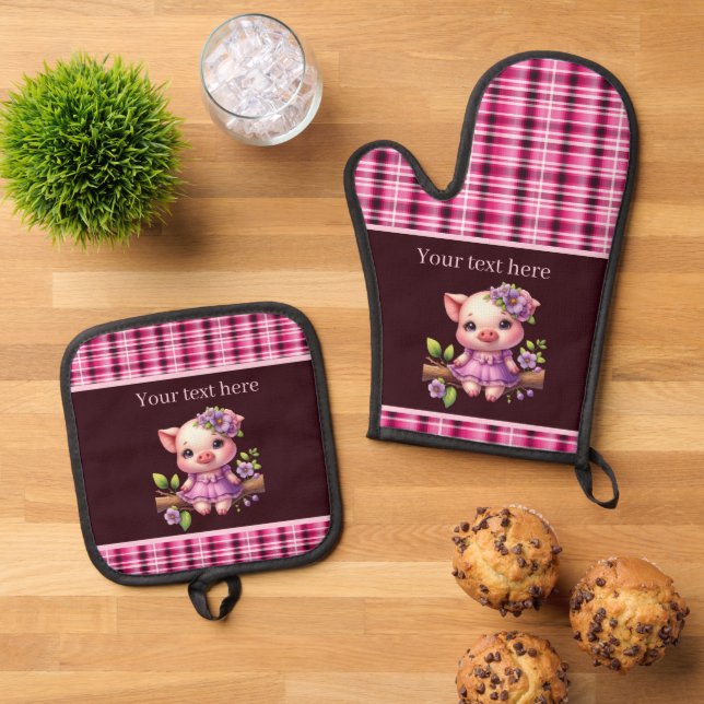 Cute Country pig lovers add text  Oven Mitt & Pot Holder Set (Top Down)
