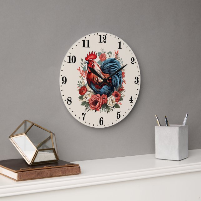 Cute country rooster lovers large clock (Office)