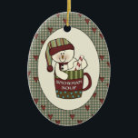 Cute Country Snowman Soup Christmas Cup Ceramic Ornament<br><div class="desc">Cute Snowman sits in  a Christmas cup ful of hot Holiday soup with a candy cane swizzel stick on a country heart background.</div>