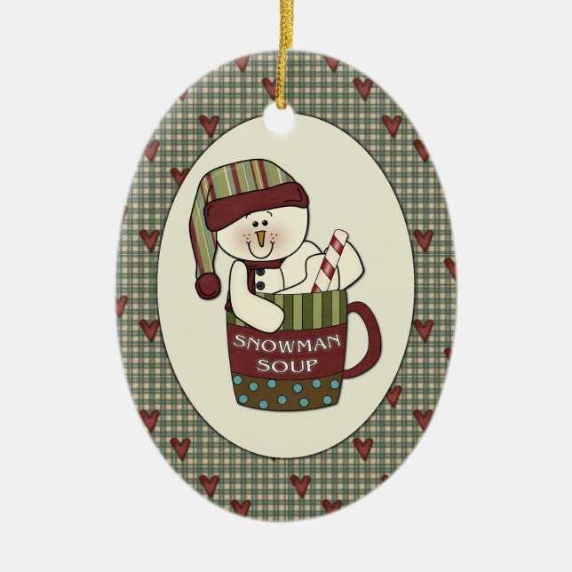 Cute Country Snowman Soup Christmas Cup Ceramic Ornament (Front)