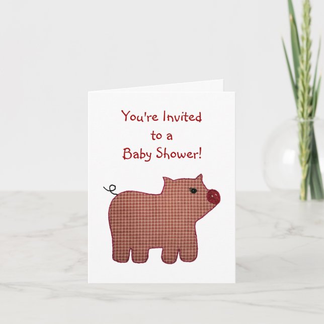 Cute Country Style Pink Plaid Pig Baby Shower Invitation (Front)
