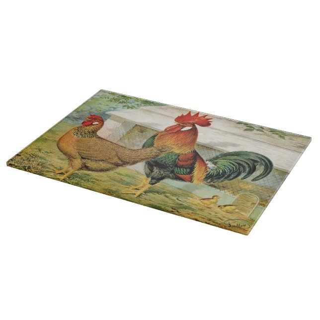 Cute Country vintage rooster hen glass Cutting Board (Corner)