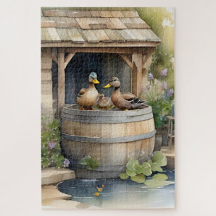 Cute Country Water-colour Bathing Ducks Jigsaw Puzzle