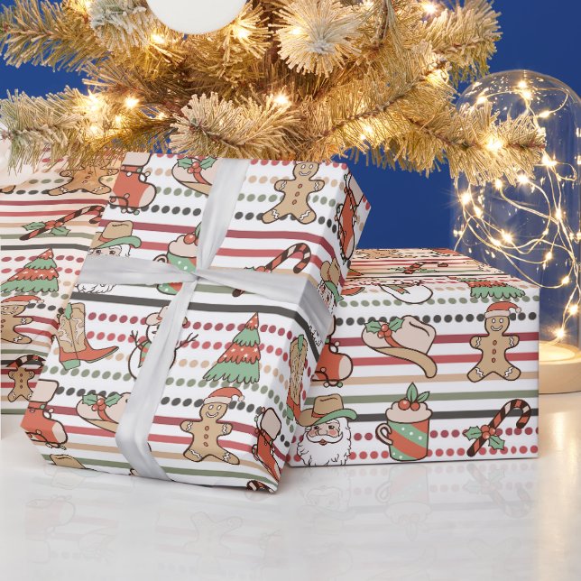 Cute Country Western Cowboy Stripes Dot Christmas  Wrapping Paper (Holidays)