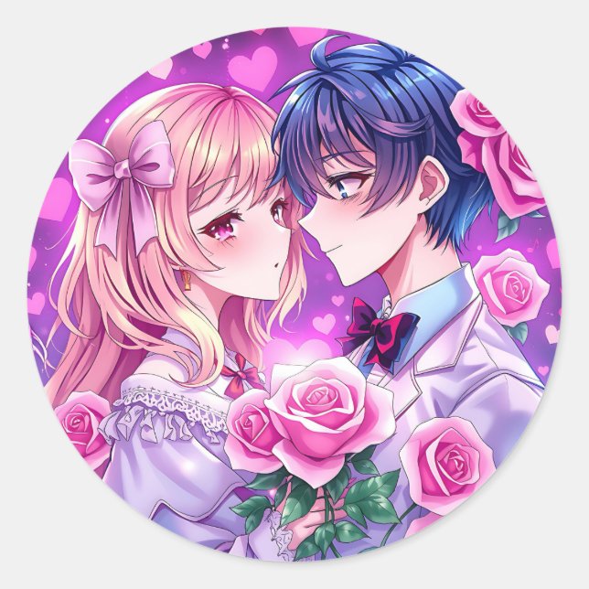 Cute Couple Anime in Love Classic Round Sticker (Front)