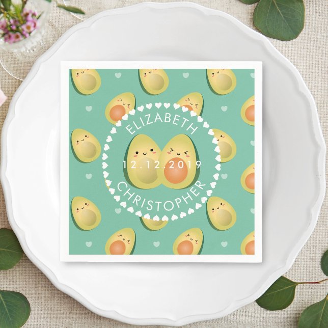 Cute Couple Avocados Let's Avocuddle Wedding Party Napkin (Creator Uploaded)