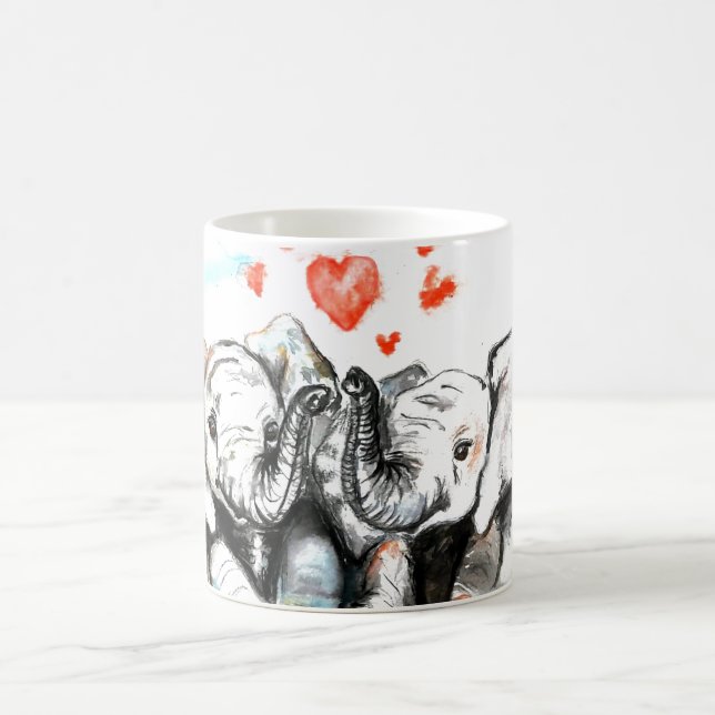 Cute Couple Elephant Mug Watercolor Painting (Center)