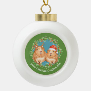 Cute Couple Guinea Pig Christmas Wreath Ceramic Ball Christmas Ornament