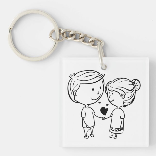 Cute Couple Holding Heart Keychain (Front)