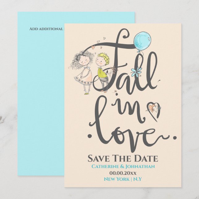 Cute couple in love drawing typography fall love save the date (Front/Back)