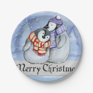 Cute couple of penguins hugging paper plate