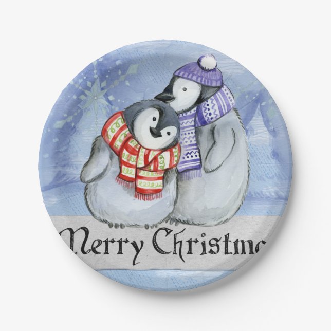 Cute couple of penguins hugging paper plate (Front)