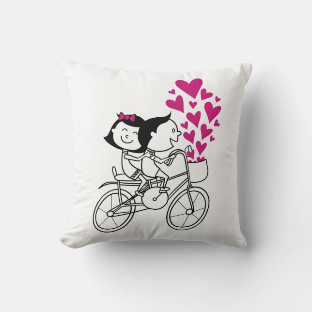 Cute Couple on Bicycle – Romantic Illustration Des Throw Pillow (Front)