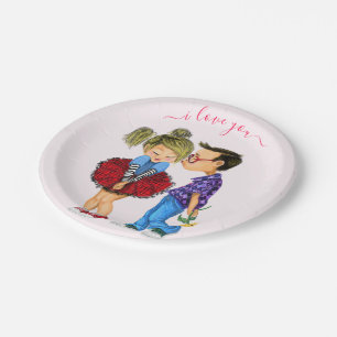 Cute Couple Paper Plates with Text - I Love You