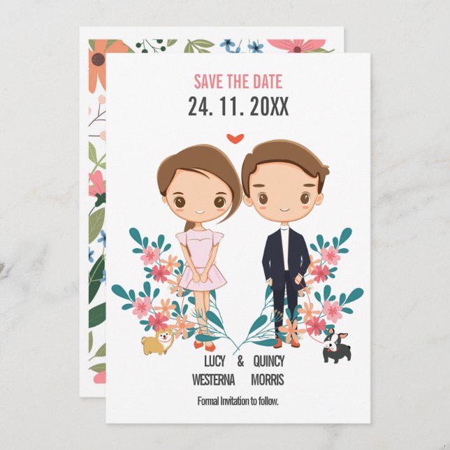 Cute couple pretty floral boho save the date (Front/Back)