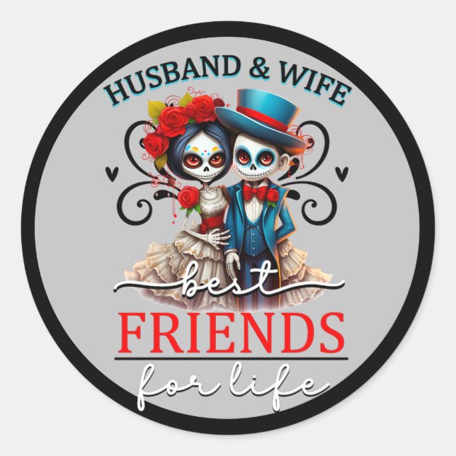 Cute Couple Sugar Skull  Classic Round Sticker (Front)