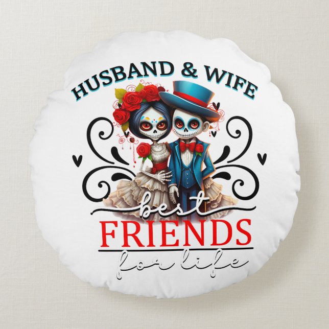 Cute Couple Sugar Skull  Round Pillow (Front)