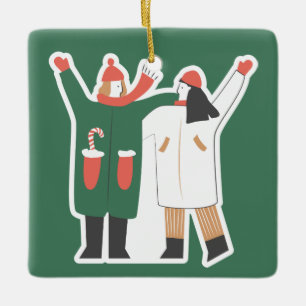 Cute Couple Winter Illustration Custom Name Ceramic Ornament
