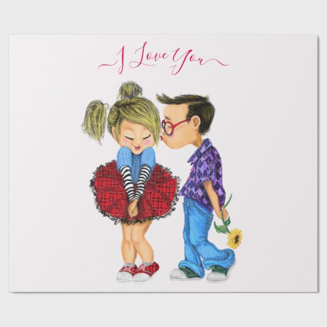Cute Couple Wrapping Paper with Text - I Love You (Flat)