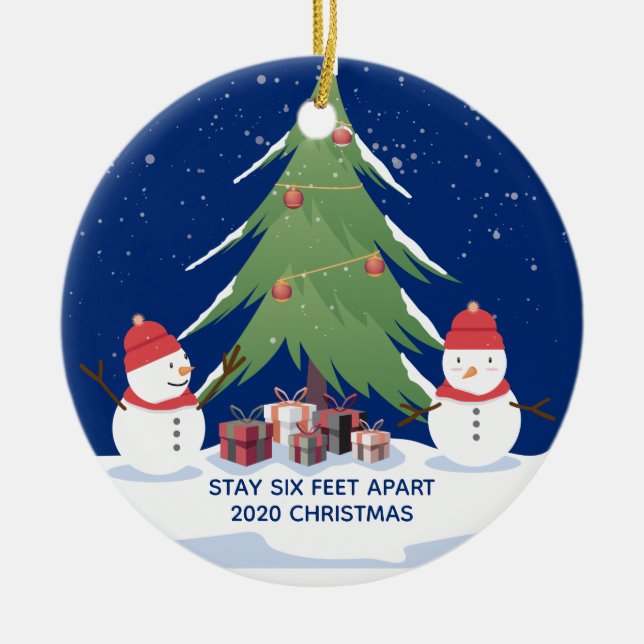 Cute Covid Christmas Snowmen Stay 6 Feet Apart Ceramic Ornament (Front)