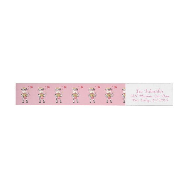 Cute cow and hearts Pink Valentine's Day Wrap Around Label (Individual)