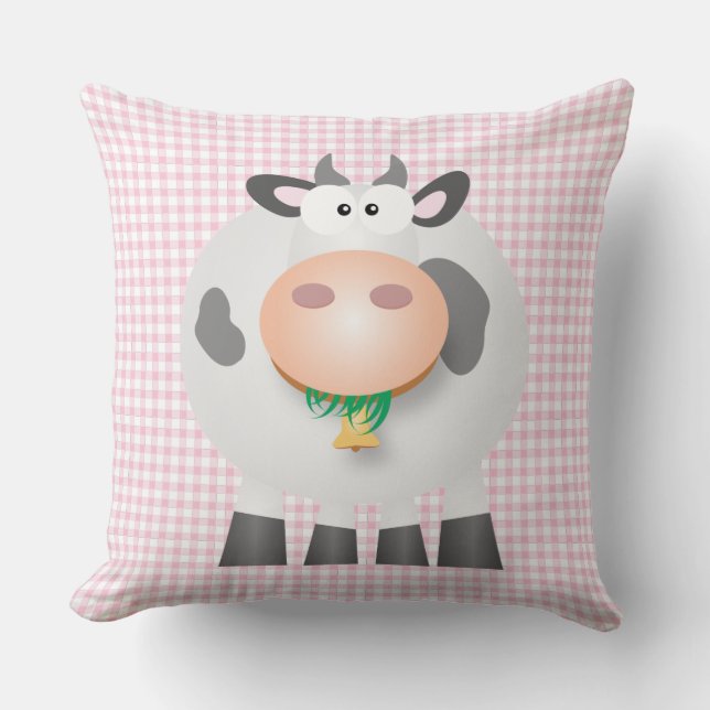 Cute Cow And Pastel Pink Gingham Plaid Pattern Throw Pillow (Front)