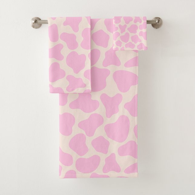 Cute Cow Animal Print Pattern Aesthetic Pink Bath Towel Set (Insitu)