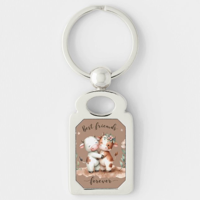Cute Cow Best Friends Hug Floral Art Keychain (Front)