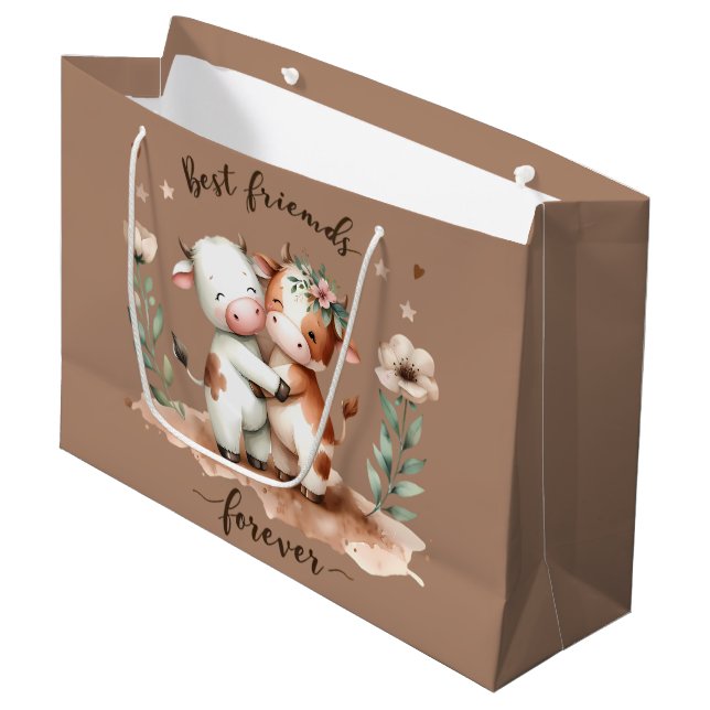 Cute Cow Best Friends Hug Floral Art Large Gift Bag (Front Angled)