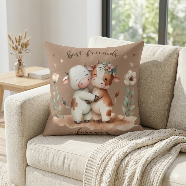 Cute Cow Best Friends Hug Floral Art Throw Pillow (Cute Cow Best Friends Hug Floral Art Throw Pillow Mockup A)