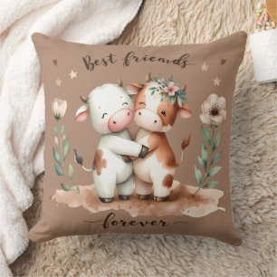 Cute Cow Best Friends Hug Floral Art Throw Pillow