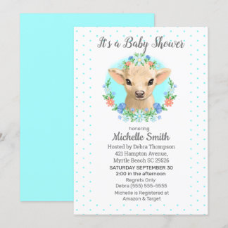 Cute Cow Blue Boys Floral Baby Shower    Invitation