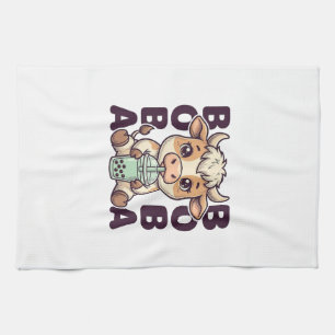 Cute Cow Boba Tea Vintage Engraving T-Shirt Design Kitchen Towel