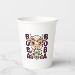 Cute Cow Boba Tea Vintage Engraving T-Shirt Design Paper Cups