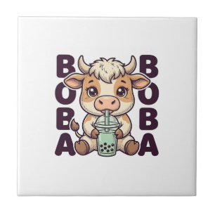 Cute Cow Boba Tea Vintage Engraving T-Shirt Design Tile