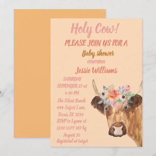 Cute Cow Boho Country Baby Girl Western Floral  Invitation
