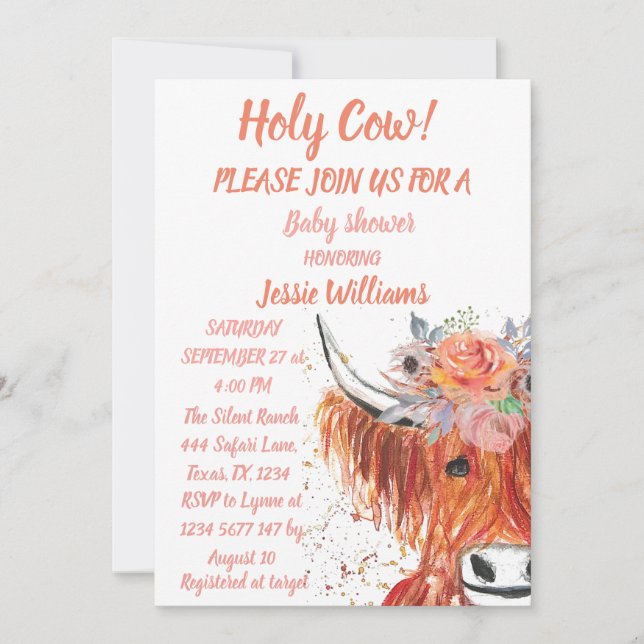 Cute Cow Boho Country Baby Girl Western Floral Invitation (Front)